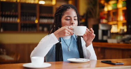 Canvas Print - Happy, woman and thinking in coffee shop on study break drinking latte for rest and relax before class. Calm, female person and caffeine beverage in cafe with smartphone for connection and lunch