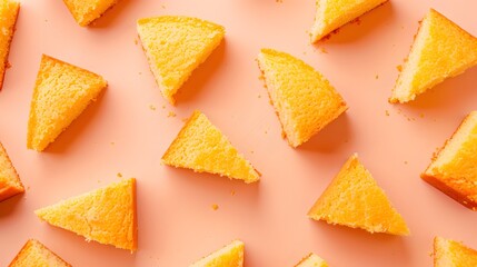 Wall Mural - Yellow cake slices on pink background.