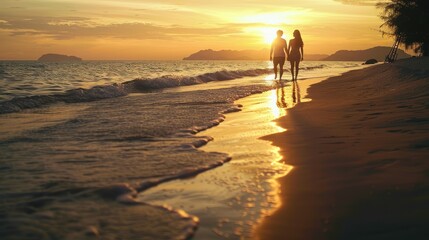 Wall Mural - Close-up of a couple walking along the beach at sunset on Koh Samui, holding hands and enjoying the beautiful scenery, with the sun setting over the ocean in the background, Portrait close-up,