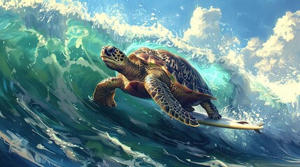 Poster - Sea Turtle Surfing on a Wave