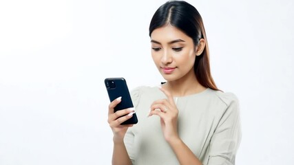 Poster - Woman Using Smartphone in a White Studio Generative AI