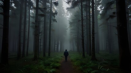 A tranquil nature scene With a person enjoying the serene beauty of a forest 
