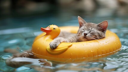 Wall Mural - Cat Relaxing on a Duck Float in a Pool