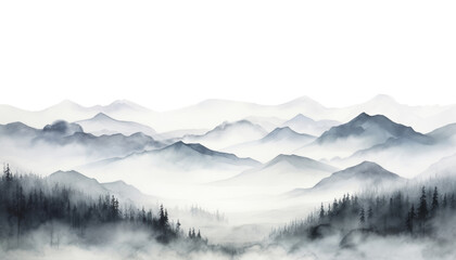 Wall Mural - mountains in the fog border watercolor isolated on transparent background cutout