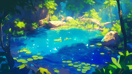 Wall Mural - A small pond in the forest, with blue water and green plants floating on it