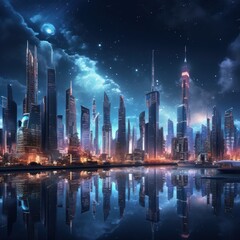 Poster - Futuristic city skyline night architecture illuminated.