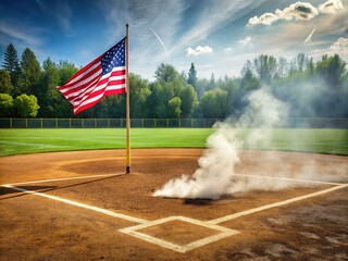 Softball field with freshly cut grass and a strike zone marking, subtle smoke wisps on the ground, American flag waving in the air.