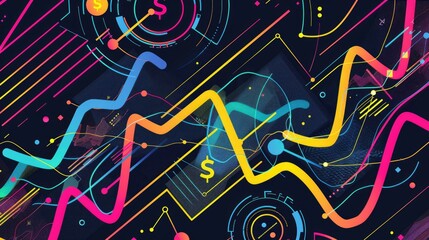 Poster - Financial growth chart with colorful lines and currency symbols, representing profit indicators and market trends for reports.