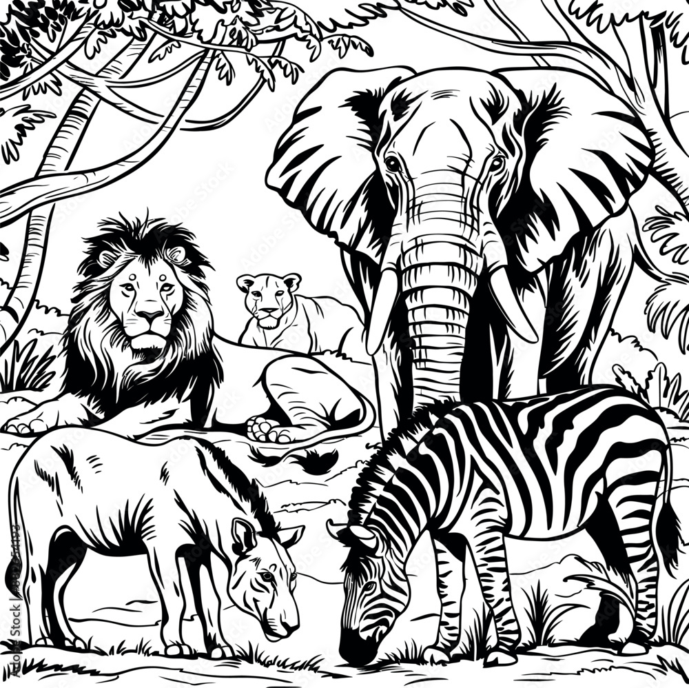 Safari animals coloring pages for kids Stock Vector | Adobe Stock
