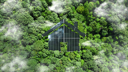 Wall Mural - solar cell house symbol on green grass in the forest. the solar energy concept saves money on electr
