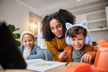 Poster - Homework, mother and children with smile, education and happiness with time together, relax and joy. Family, apartment and adhd with woman, kids and students with headphones, documents and learning