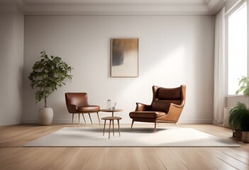 Wall Mural - wooden table wall modern room mid home century furniture white living decor interior minimalist apartment render leather armchair design wood floor