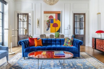 Wall Mural - Colorful living room with blue velvet sofa and red lamp architecture furniture building.