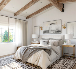 Wall Mural - Modern Bedroom with Exposed Wooden Beams and a Cozy Blanket.