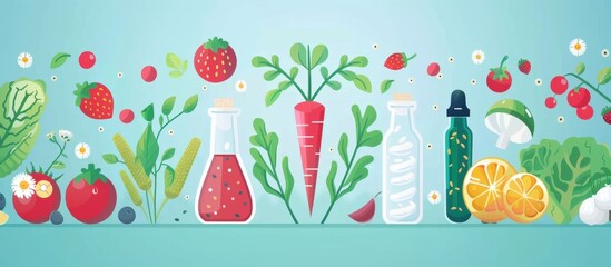 Colorful Vector Illustration of Fresh Vegetables, Fruits, and Condiments on a Light Blue Background