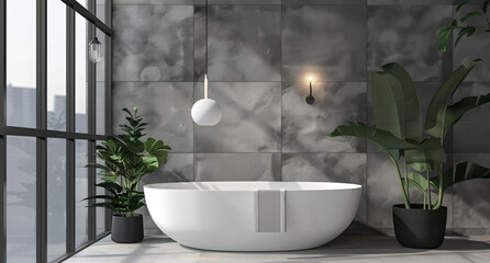 Sticker - Modern Bathroom with Bathtub and Greenery.