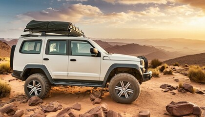 Wall Mural - Desert Dominator: Rugged White Off-Road Vehicle with Black Roof Rack in Rocky Terrain