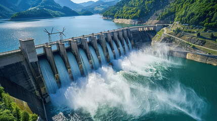 A hydroelectric dam generating power, with turbines and infrastructure showcasing modern engineering