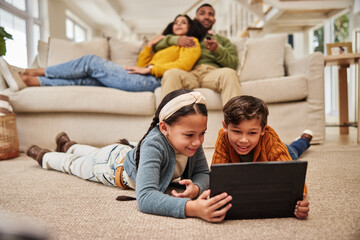 Poster - Family, kids and happy on floor with tablet at home for online games, streaming platform and entertainment. Parent, siblings and fun in living room with bonding for child development and growth