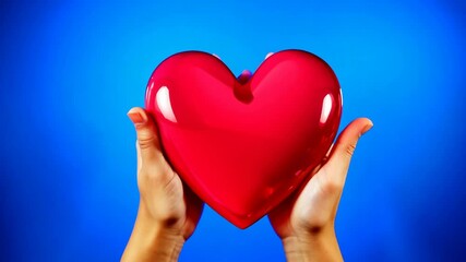Poster - Hands Holding Red Heart Against Blue Background Generative AI