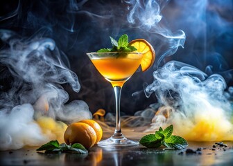 Vibrant yellow cocktail garnished with citrus slice and mint leaves, surrounded by eerie smoke or fog, set against a mysterious dark autumn Halloween background.