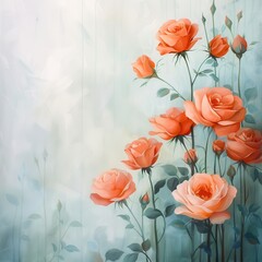 Poster - Peach Roses on a Teal Background.