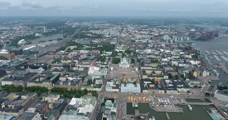 Wall Mural - Helsinki Downtown Cityscape, Finland. Cathedral Square, Market Square, Sky Wheel, Port, Harbor in Background. Drone Point of View