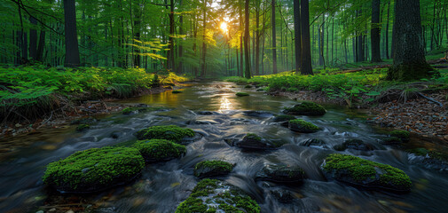 Wall Mural - A stream of water with moss and rocks in the foreground. The water is clear and calm. The sun is shining on the water, creating a beautiful reflection. The scene is peaceful and serene