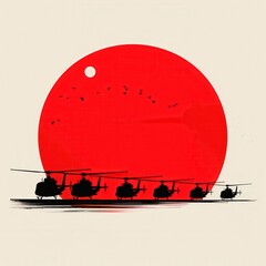 Wall Mural - Helicopters Silhouettes at Sunset.