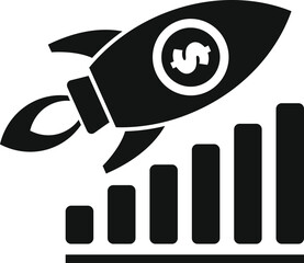 Poster - Black and white icon of a rocket flying over an increasing bar graph