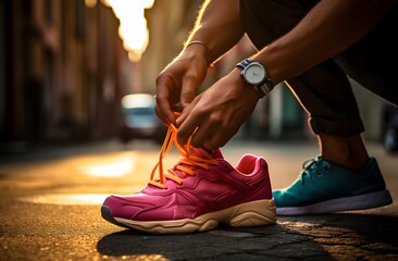  Runner tying shoes on a city street at sunrise