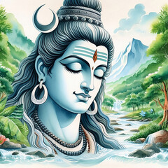 Wall Mural - God Shiv watercolor illustration image by AI generative