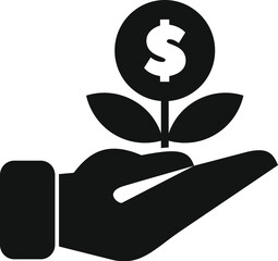 Poster - black and white icon of a hand holding a growing plant with a dollar coin on top