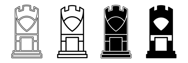 Black and white illustration of a fortress. Fortress icon collection with line. Stock vector illustration.