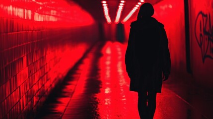 Poster - A silhouette of a person walking through a tunnel lit with red light