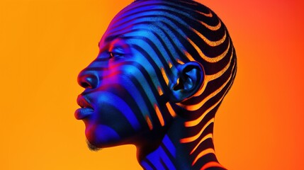 Poster - A close-up profile shot of a man with his face illuminated by neon blue and orange stripes against an orange background