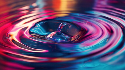 Poster - A single water drop falls into a pool of brightly colored liquid, creating concentric ripples and abstract patterns of blue, pink, and yellow