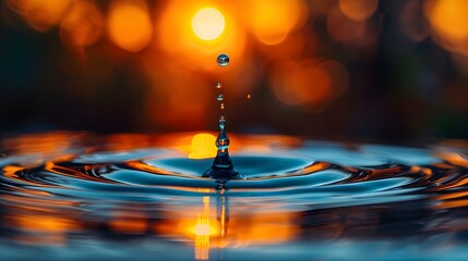 Poster - Captivating Ripples A Falling Water Drop Reflects Sunset s Glow