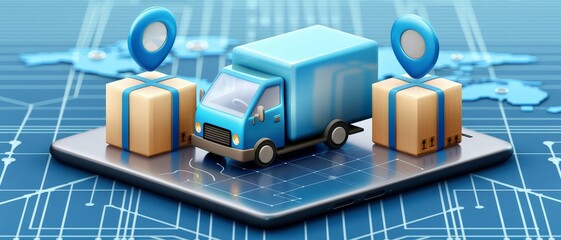 Blue truck with parcels on a digital platform representing online delivery and logistic services on futuristic blue background.