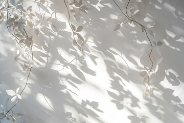 Wall Mural - white background with shadows of leaves and flowers, abstract, beautiful, soft light, white wall, minimalist, nature shadow overlay,