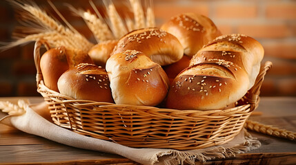 Wall Mural - Bread and lots of fresh bread buns in a basket on a wooden table