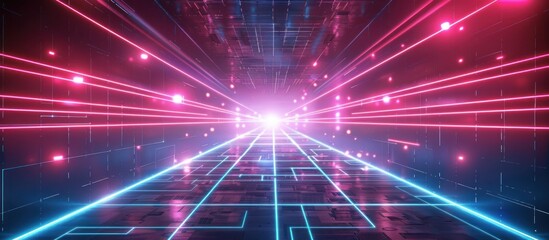 Wall Mural - Neon Lights and Grid Pathway: A Digital Dreamscape