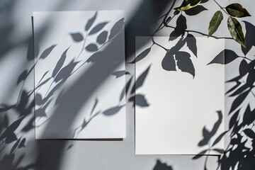 Poster - Two blank white papers on a gray background with shadows from tree leaves. A mockup of an or landscape sized, vertical paper for product presentation in the style of tree leaves.