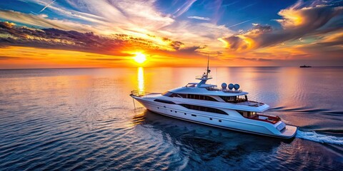 Wall Mural - Luxury yacht sailing in the deep blue ocean at sunset, luxury, yacht, cruise, ship, sea, ocean, sunset