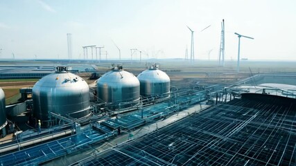 Poster - Industrial Facility With Wind Turbines and Storage Tanks Generative AI