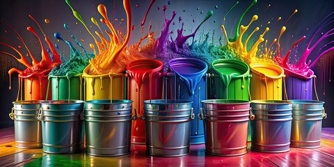 Sticker - Colorful paint streams flowing into buckets creating a vibrant display , vibrant, paint, streams, buckets, colorful, display