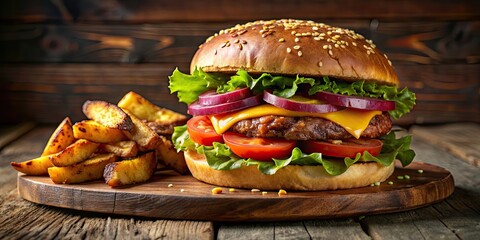 Canvas Print - Juicy gourmet cheeseburger with bacon, pickles, fresh vegetables on sesame seed bun and rustic potato wedges