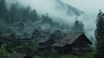 Sticker - A cinematic shot of an ancient village in the mountains, overcast sky, ancient wooden houses with shingles on their roofs, lush greenery around and a few trees