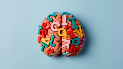 Colorful alphabet letters forming a human brain, Education, Representation of language learning and cognitive development