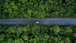 © Kalyakan - Aerial view electric vehicle car drive on forest road in green tree forest road, EV car electric vehicle car on forest road green energy and eco power, Ev car alternative sustainable renewable energy.